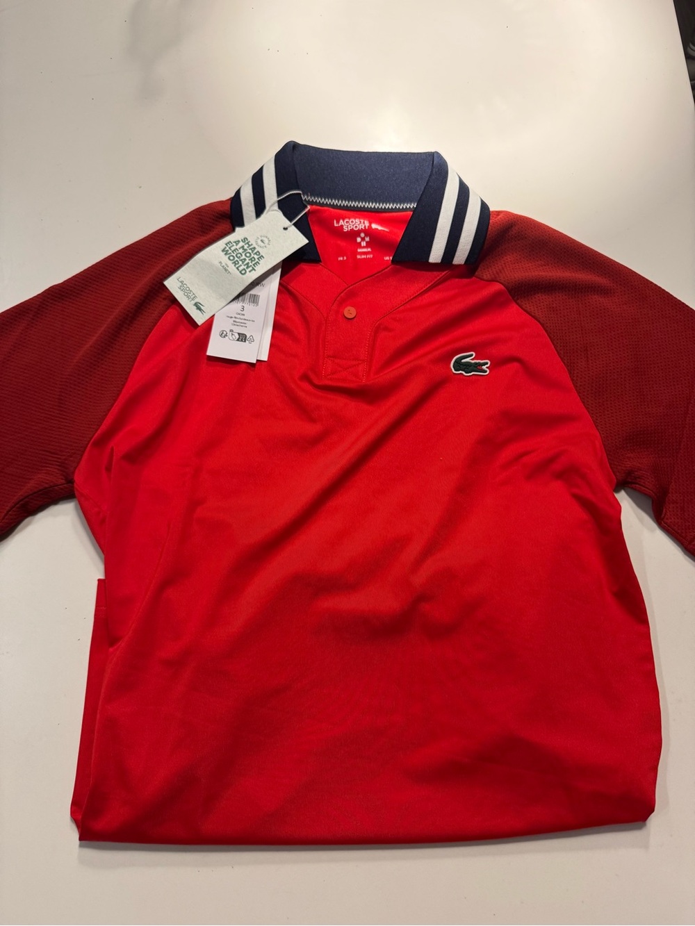 Lacoste Red Polo with Navy Striped Collar